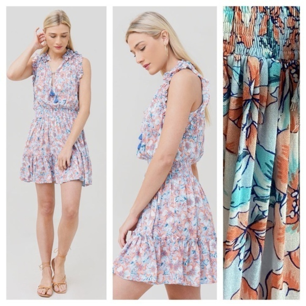 Poupette St. Barth Aqua Dalia Floral Print Triny Smocked Mini Sun Dress Small